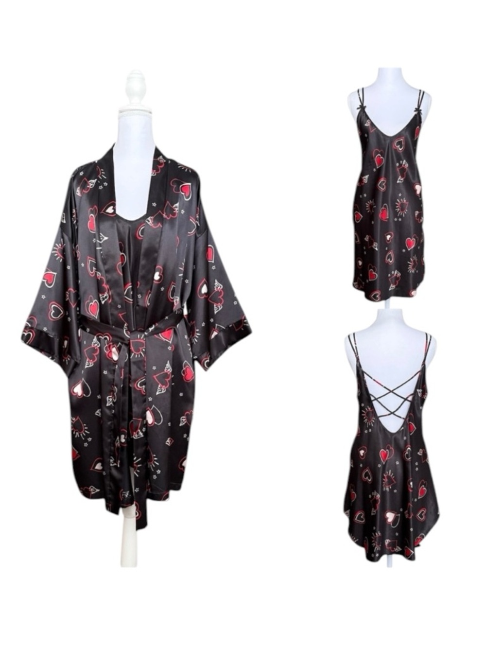 Dentelle Vintage Robe & Nightgown Set Heart Love Nightie Slip Dress L Large